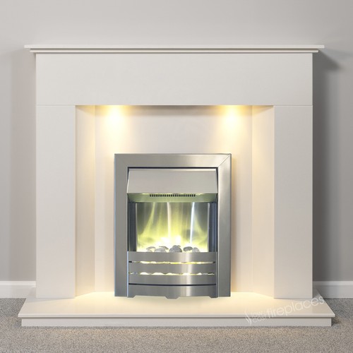WHITE MARBLE SURROUND SILVER ELECTRIC FIRE PEBBLES FIREPLACE SUITE DOWNLIGHTS
