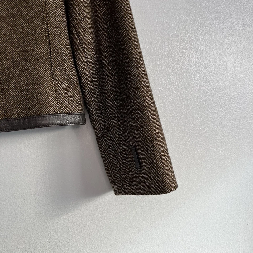 Chaqueta Blazer Lord & Taylor Mujer 100% Lana Con Borde de Cuero Cremallera Marrón Talla 8 Foto 4 de 4