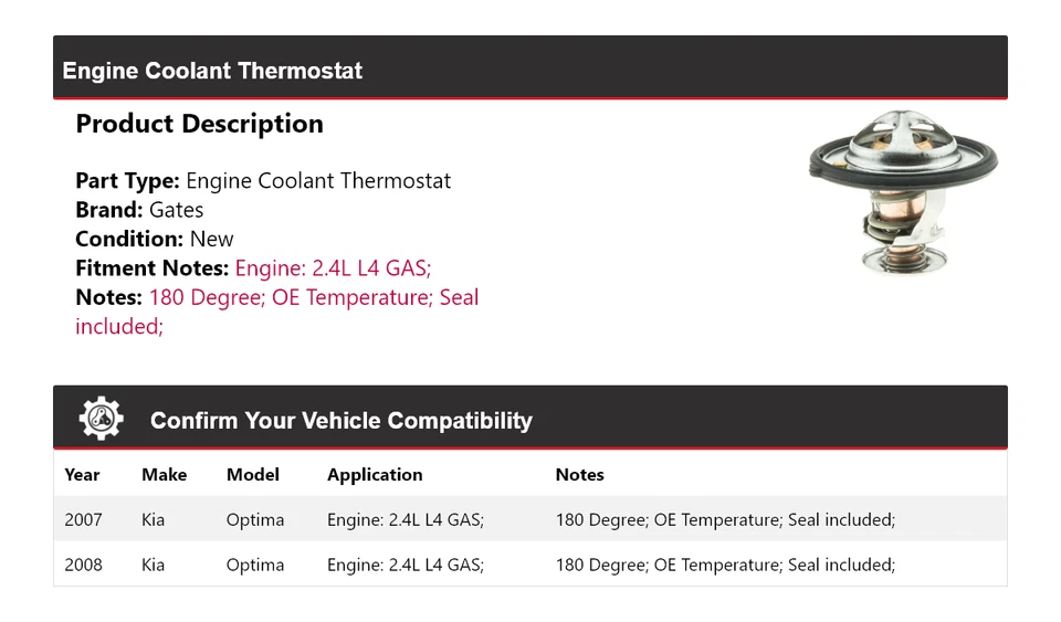 For 2007-2008 Kia Optima 2.4L L4 GAS Engine Coolant Thermostat Gates - Image 2 of 4