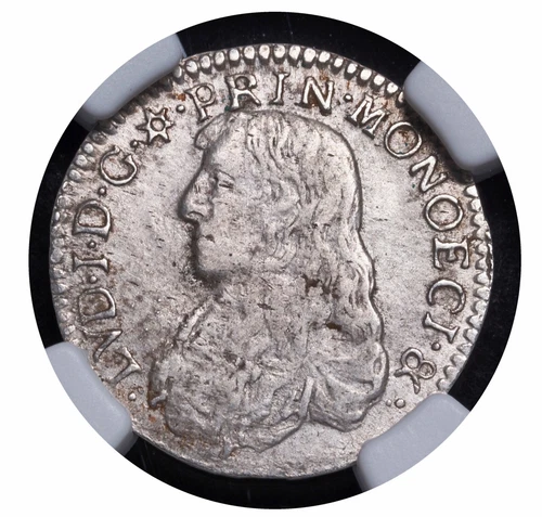 1665, Monaco (Principality), Louis I. Silver 5 Sols (1/12 Ecu) Coin. NGC AU-53!