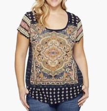 Lucky Brand Top Women 1X Blue Mandala Medallion Short Sleeve Scoop Neck Viscose