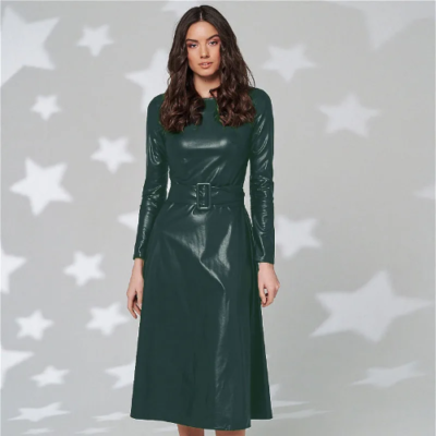 New Belt Faux Leather Dresses Women Long Sleeve Slim Fit PU Dress Sexy Club  Wear | eBay
