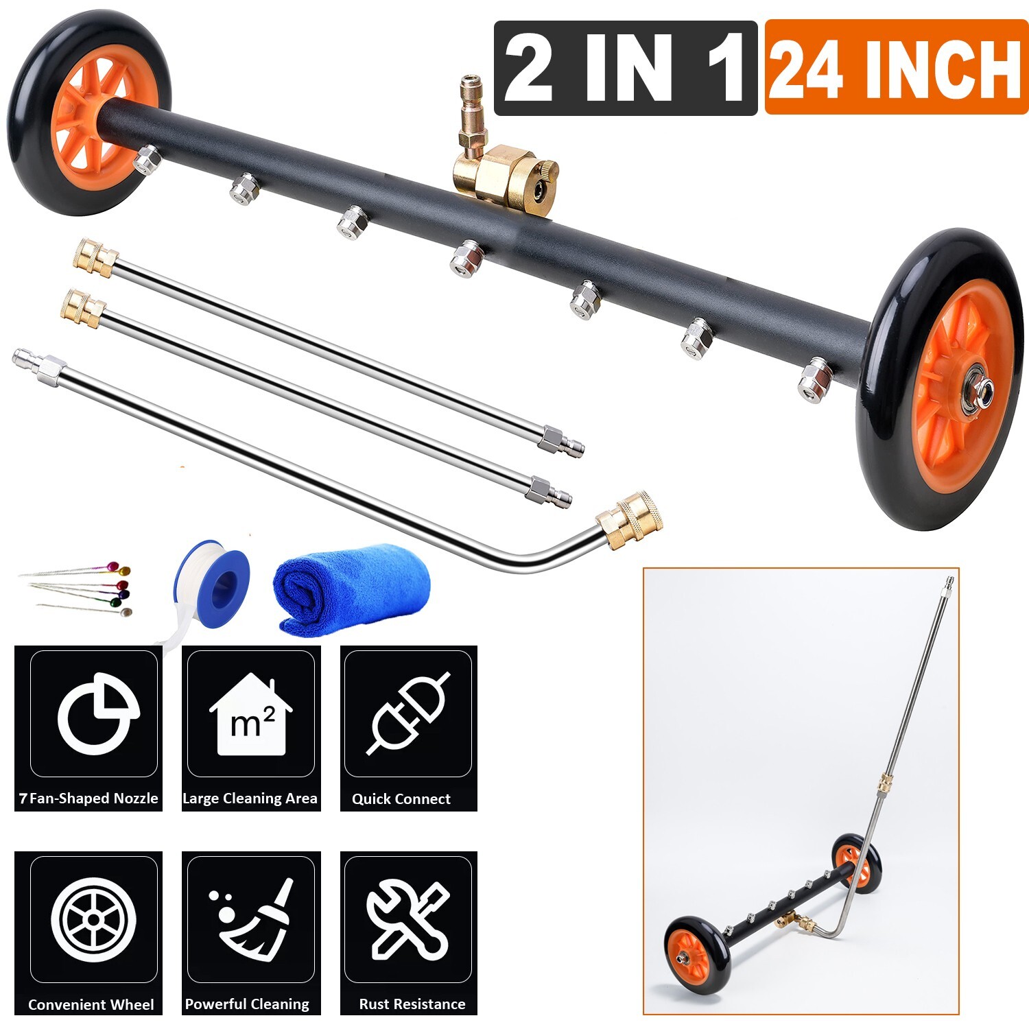 24" Pressure Washer Surface Cleaner Water Broom Undercarrige Car Clean Brush 2-1