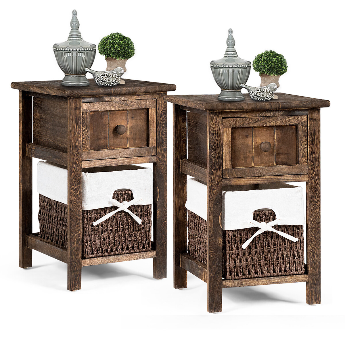 2pcs Compact Nightstand Bedroom Wooden Bedside Table Country Style W Drawer For Sale Online