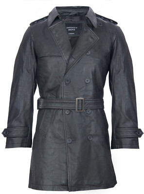 Herren Schwarz Deutsche Militär WW2 Vintage Lang Trenchcoat Echte Lederjacke