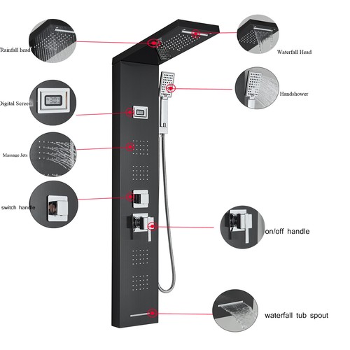 Rain&Waterfall LED Shower Panel Tower Stainless Steel Massage Body Jets System - Picture 91 of 149