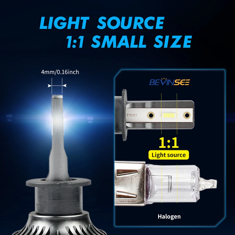 Bevinsee H3 LED Headlight Bulbs Foglight High Low Beam Cold White Lights 6000LM - Image 4 of 4