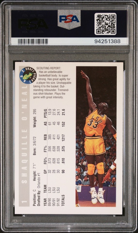 1992 CLASSIC DRAFT PICKS SHAQUILLE O'NEAL 1 PSA 6 EXMT / RC / LSU