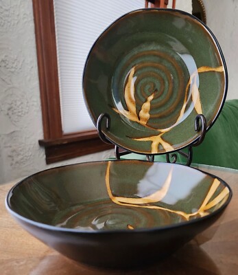 2 Pier 1 Dakara 7.75'' Bowls Brown Green Swirl Gold LEAVES Coupe Cereal BOWLS