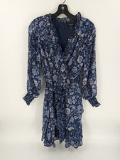 Tahari ASL Women's Twin Print Ruffle Dress Size 6 in Navy Blue Floral Design