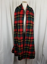 Vintage 70s Red Tartan Plaid Wool Long Shawl Poncho Cape Womens OS Metal Clasp