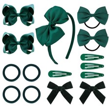 15 PCS Dark Green Uniform Hair Accessories Set, Bows, Clips, Headband, Ties