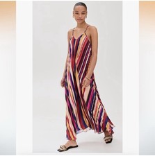 Farm Rio Women's Pleated Midi Dress, Diagonal Stripes Multicolor