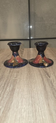 Rare Moorcroft Pomegranate Art Pottery Pair (2) of Candle Sticks Holders Signed