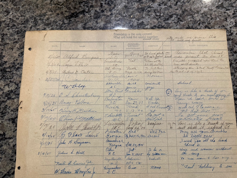 Davidson Autograph List of Students in 1925