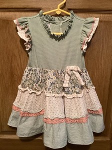 Bonnie Jean 2T Girls Peasant Dress Green Print Cuffed Short Sleeve 4 Button EUC