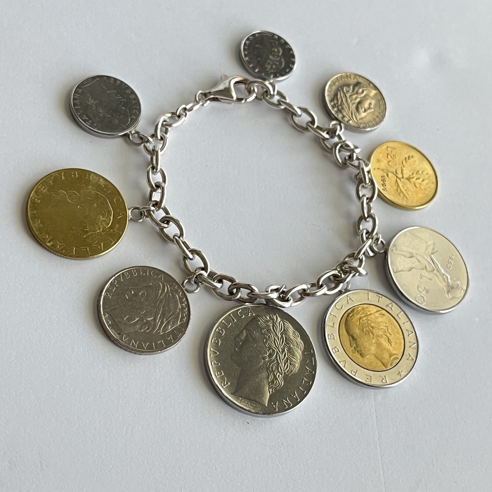 Milor Italy Lire Coin Packed Loaded Charm Bracelet 925 Sterling Silver 8”