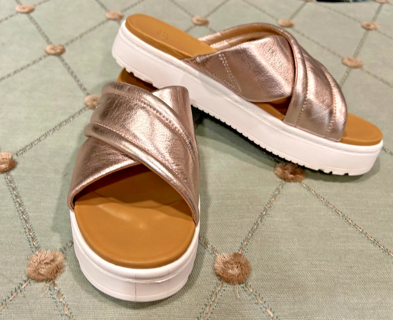 SANDALI UGG SUMMER VIBES SLIDES ORO ROSA FASCIA INCROCIATA PLATEAU PELLE METALLIZZATA 8