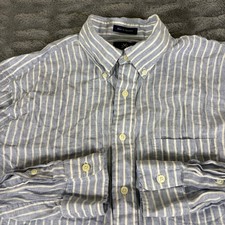 New England Shirt Company Mens Large Blue Striped Linen Button Down Made in USA
