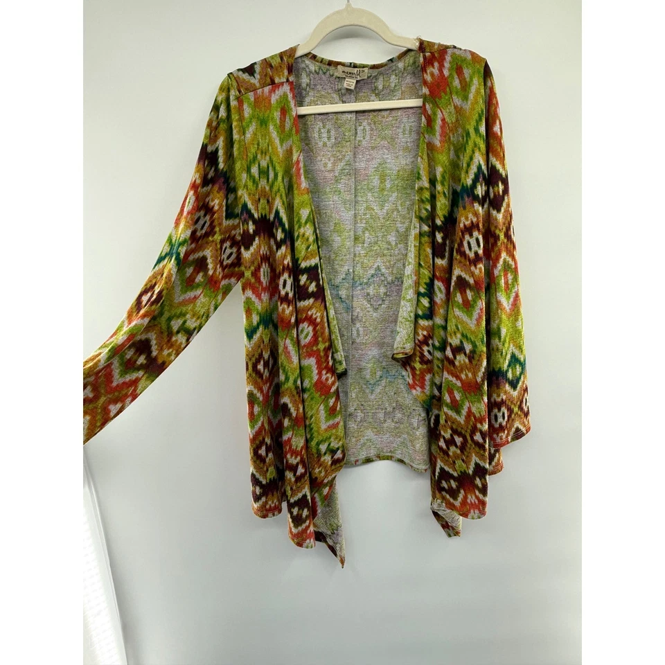 OneWorld 2X Multicolor Aztec Boho Open Front Cardigan Knit Fall Layer - Image 2 of 4