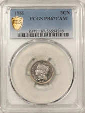 1881 PROOF THREE CENT NICKEL - PCGS PR-67 CAM, SUPERB CAMEO!