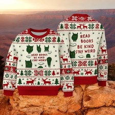Cat Christmas Ugly Sweater, Funny Reading Holiday Jumper, Cute Animal
