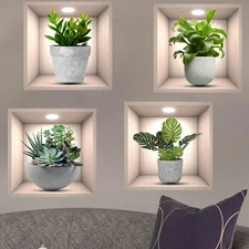 3D Green Plants Wall Sticker,4Pcs 3D Vases Flower Wall Stickers Decals for Livin