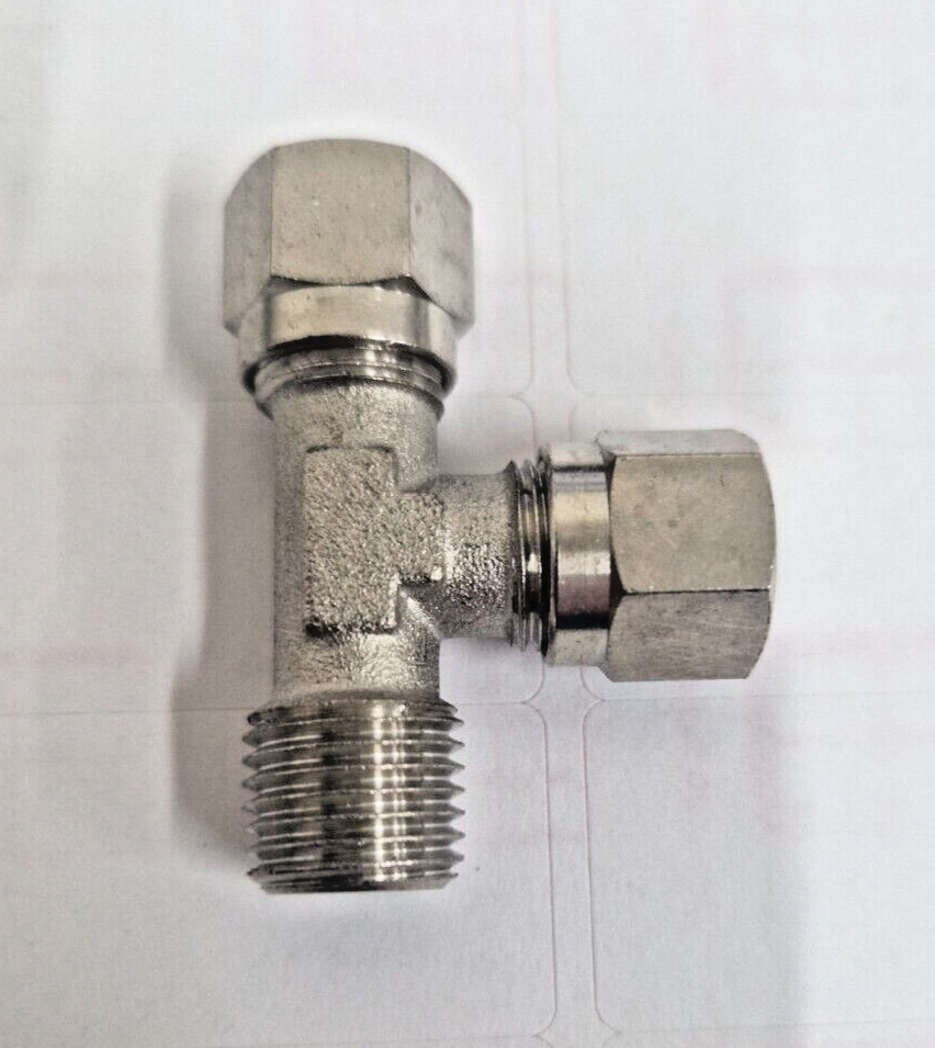 1/4 BSP Male thread To 8mm Compression Run Tee, Nickel Plated Brass