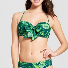 Shade  Shore All Over Leaves Tie Front Bow Light Lift Halter Bikini Top 34C