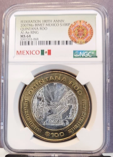 2007 MEXICO SILVER 100 PESOS S100P QUINTANA ROO NGC MS 64 NICE BU LUSTER