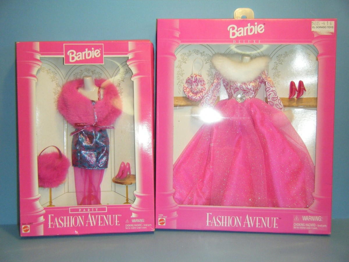 BARBIE FASHION AVENUE PINK FUR DRESS & PINK WHITE FUR GOWN (FREE SHIPPING)