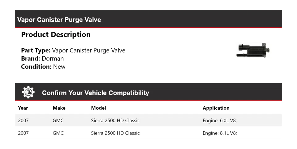 Válvula de purga de bote de vapor Dorman Classic 2007 GMC Sierra 2500 HD Foto 2 de 4