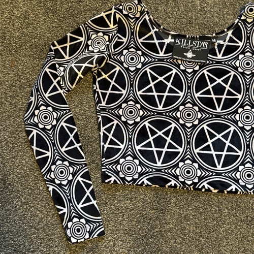 KillStar Cult Luxury Womens M Black White CropTop Midriff Goth Punk Velvet Emo - Picture 3 of 11