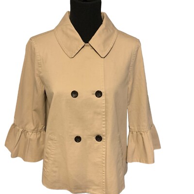 Draper James Womens Sz 10 Khaki Spring Jacket Double Breasted 3/4 Ruffle Sleeve