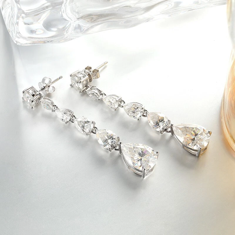 VVS1 Pear Cut Moissanite Tassel Drop Dangle Earrings Women 14k White Gold Plated - Image 4 of 4