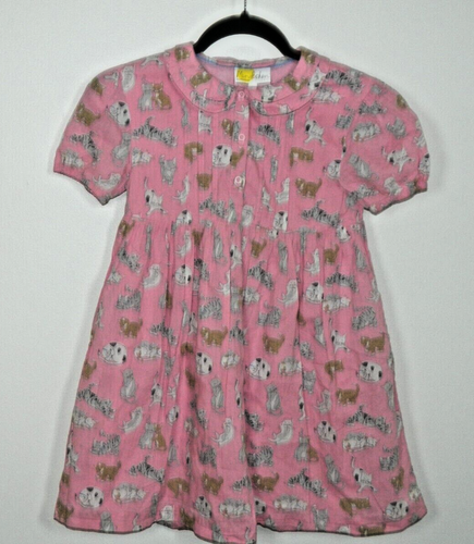 Mini Boden Dress Girls 5-6Y Pink Cat Playful Peter Pan Collar Puff Sleeve