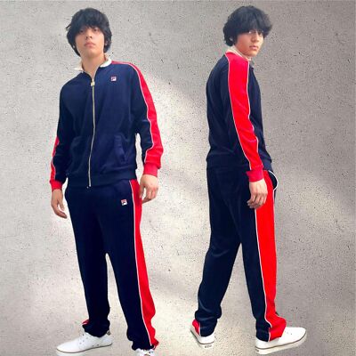 Men’s Fila Navy Red Gardenia Pipping Velour Casual Outfit Set  Tracksuits NWT