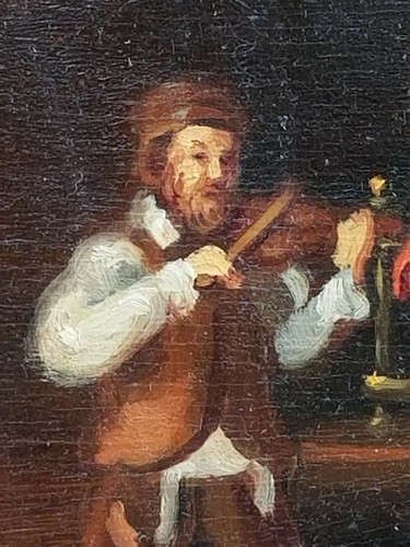VINTAGE ORIGINA OIL PAINTING MUSICAL BOX TOY MUSICIANS ROBIN ROBERTS 16 X 13 " - Picture 3 of 12