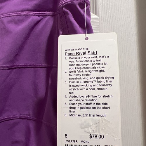 Gonna Lululemon Pace Rival Mid Rise nuova con etichetta chiaro di luna magenta taglia:8 - Foto 3 di 5