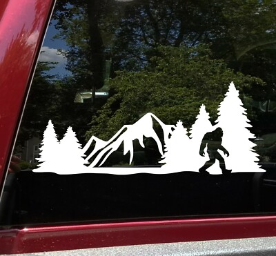 Bigfoot Mountains Forest Scene Vinyl Decal V14 | Sasquatch RV Camping | Sticker