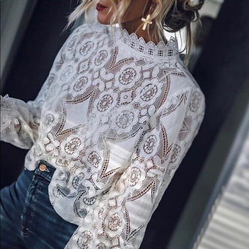 Bohemian White Mock Neck Cropped Lace Long Sleeve Vtg 70s Insp Top Blouse S - L - Picture 4 of 9