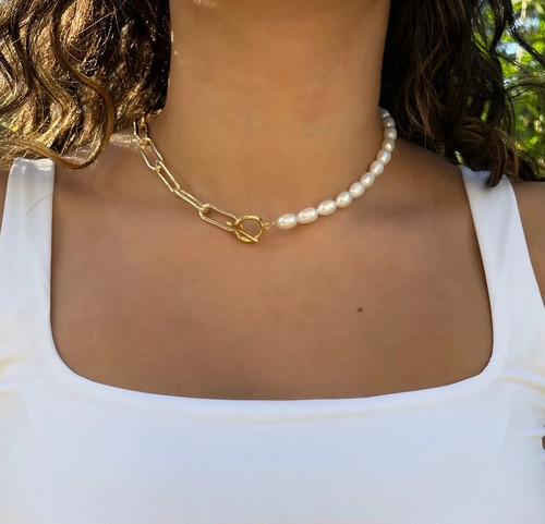 Half Oval Pearl, Half Paperclip Chain 