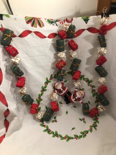 Vintage Christmas~ Flocked Santa & Fabric Gift Garland~ 6’~ Tree & Mantel Decor - Picture 3 of 6