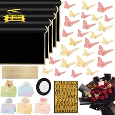 52Pcs Flower Bouquet Wrapping Paper Kit, 20 Sheets Black Waterproof Floral Wrapp
