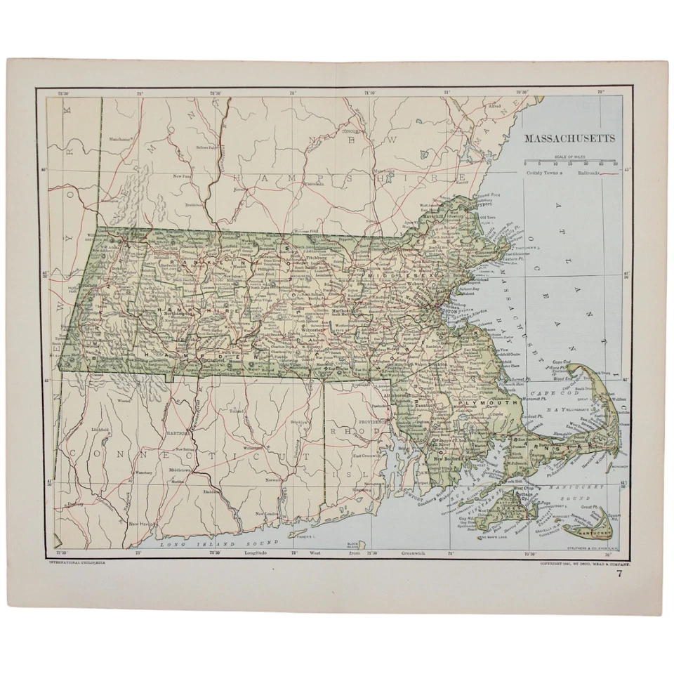 MAPA DE MASSACHUSETTS 1891 ANTIGUO FERROCARRIL A TODO COLOR MONTAÑA ERA VICTORIANA BOSTON Foto 2 de 2