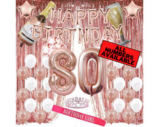 80th Birthday Rose Gold Decorations - 40" Number Balloons, Foil Curtains  More
