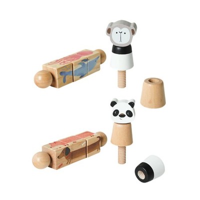 Wooden Animal Rotating Blocks Puzzle Sensory Toy Recognition Educational
