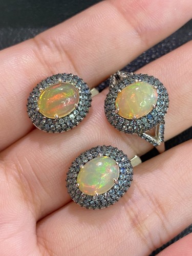 NATURAL FIRE OPAL 9X7 SAPPHIRE DIAMOND CUT STERLING SILVER 925 RING EARRING - 第 2/13 張圖片