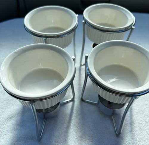 Butter Warmers Set Of 4 White Ceramic Dishes With Chrome Plated Holders In Box - Picture 2 of 6