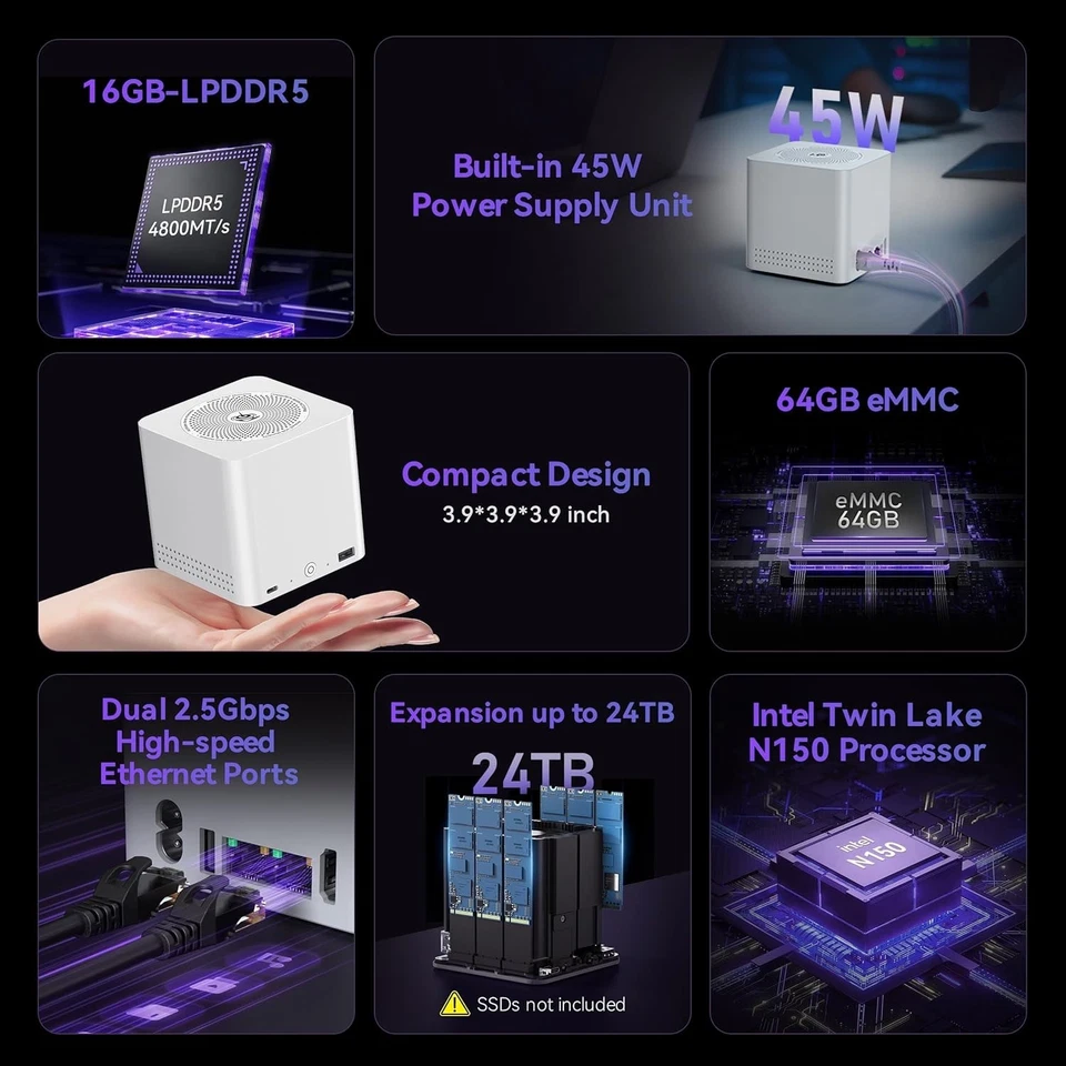 Beelink ME Mini PC/NAS Intel N150 12GB LPDDR5, 64GB eMMC 6*M.2 PCIe3.0 SSD Slots - Image 2 of 4